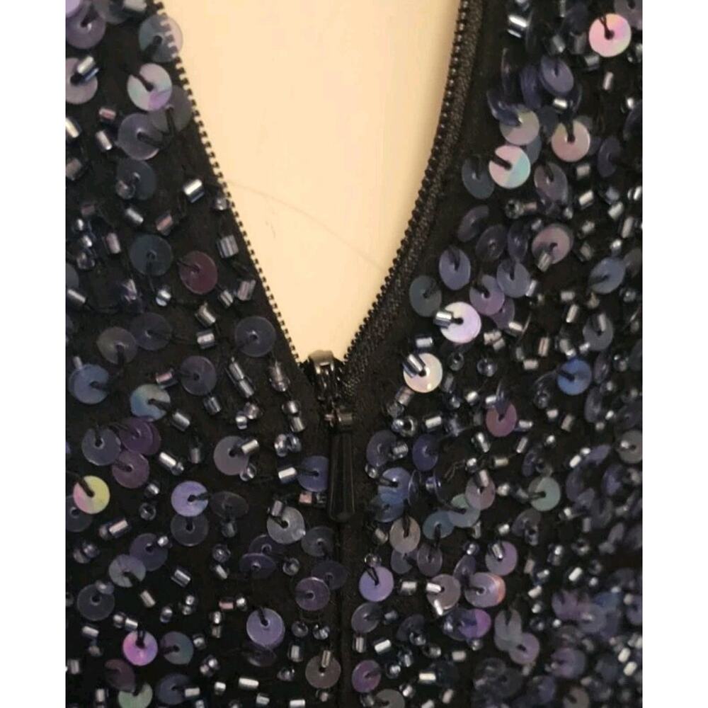 Scala Formal Dress 100% Silk Sz. S Navy Blue Beaded One Shoulder Lattice Back - Picture 9 of 14